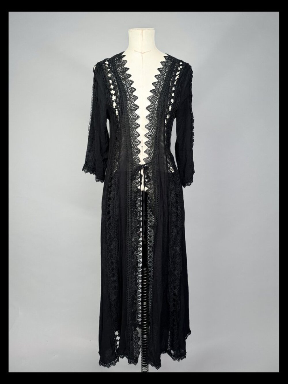 Black Sheer Gauze Guipure Lace Trim Duster Cover-Up Tie Front Size Small